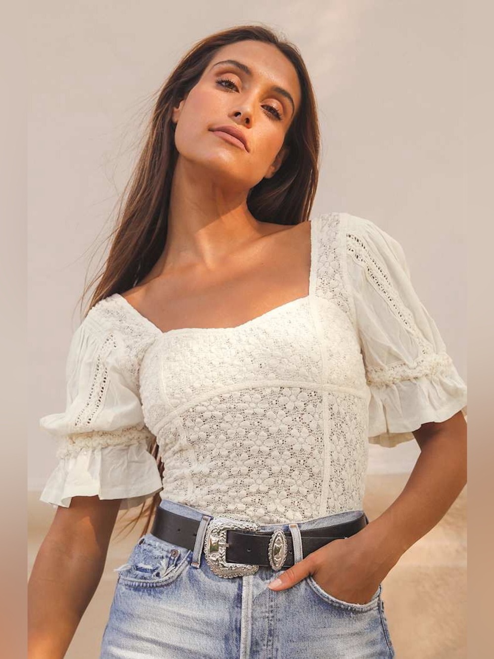 Free People Ivory Lace Square-Neck Puff Sleeve Top